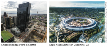 Win-Win Bargaining - a photo of amazon's campus and apple's headquarters for comparisoon. Amazon is a tall skyscraper and apple is a big circle. 